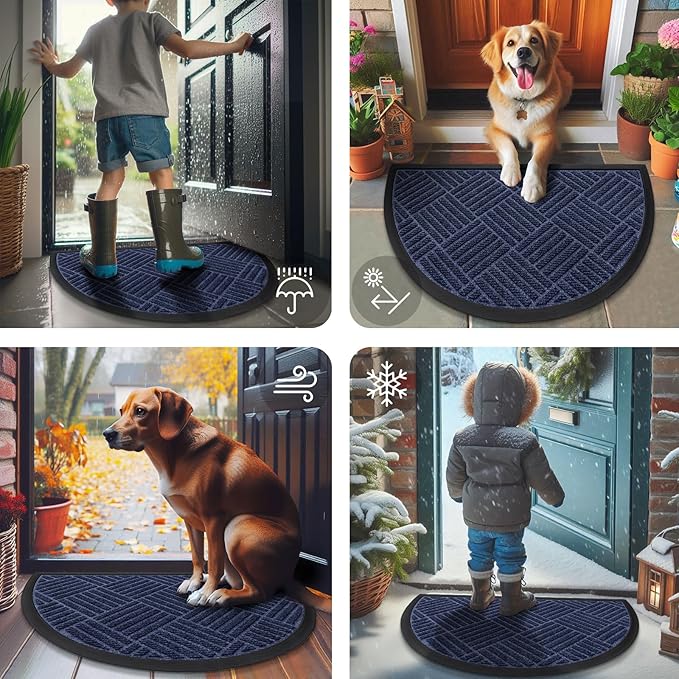 Smiry Half Circle Front Door Mat Outside Entrance, Heavy Duty Outdoor Indoor Natural Rubber Doormat, Non Slip Trap Dirt and Moisture Easy Clean Low Profile Patio Porch Entryway Mat, 29.5x17, Navy Blue