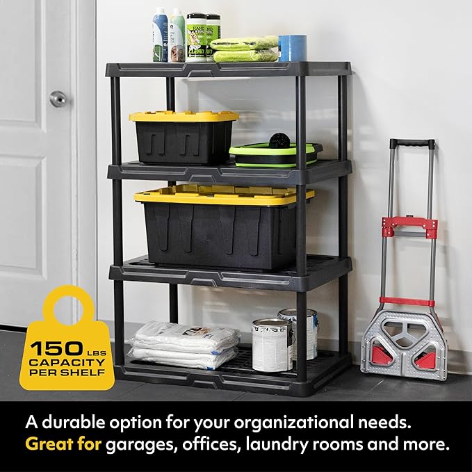 CX 4-Tier (53”H x 36”W x 18”D) Plastic Storage Shelving Unit (Black), Heavy Duty, 150lbs Per Shelf Capacity, Indoor/Outdoor Storage and Organization in Home, Garage, Office with Easy Assembly