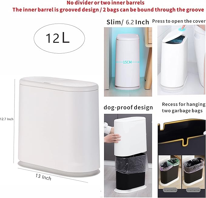 White Slim Bathroom Trash Can with Press Top Lid,12 Liter Small Thin Garbage Can,3.17 Gallon Narrow Dog Proof Plastic Waste Basket and Covered Wastebasket for Room,Bedroom,Kitchen,Toilet,Office,Dorm