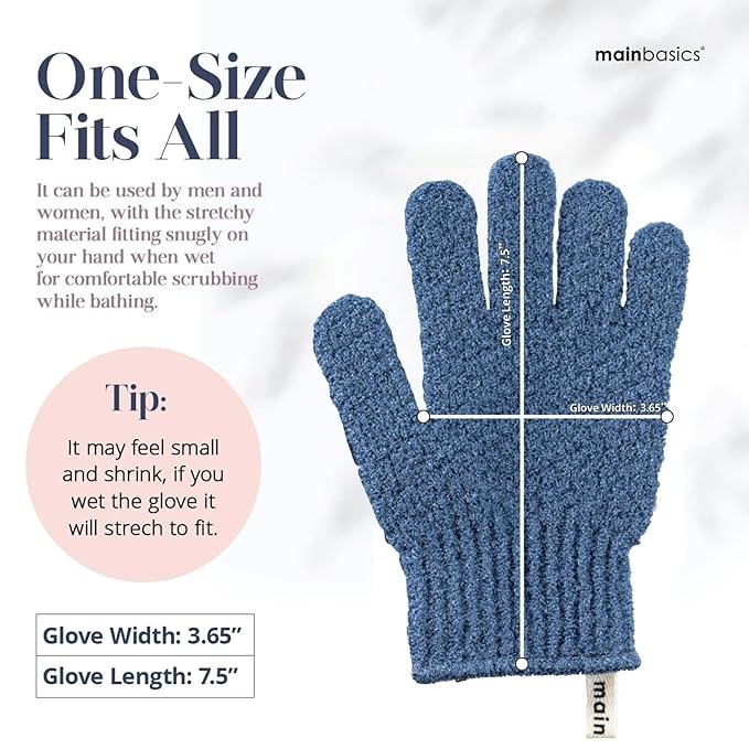 MainBasics Deep Cleansing Exfoliating Bath Gloves - Heavy-Textured Nylon Shower Scrub for Dead Skin Removal - Machine Washable with Hanging Loop (1 Pair, Pigeon Blue)