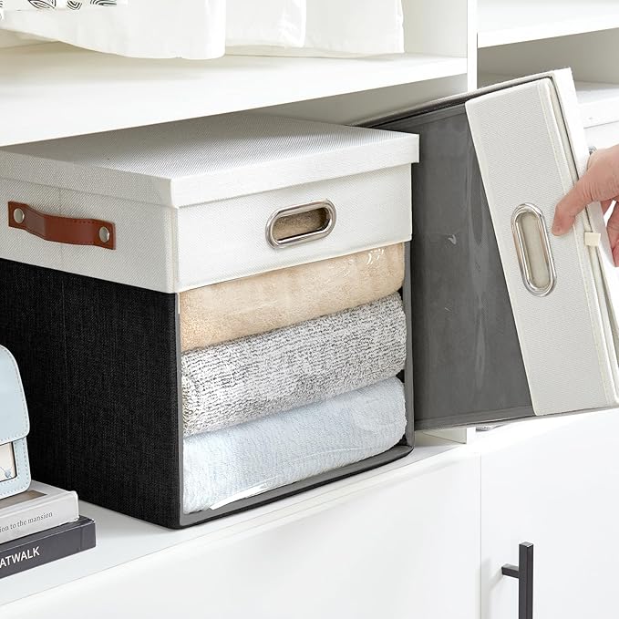 Fabric Storage Cubes with Clear Windows and Lids, 13'' Foldable Storage Bins with 3 Handles, Decorative Storage Boxes for Home, Bedroom, Closet, Office (Balck & White)