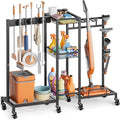 Broom Holder with Cleaning Supplies Organizer, Broom Closet Storage Cabinet with Cleaning Caddy Vacuum Stand, Cleaning Cart with Mop Hanger Gripper Rack Hook, Laundry Room Organization Home Essentials