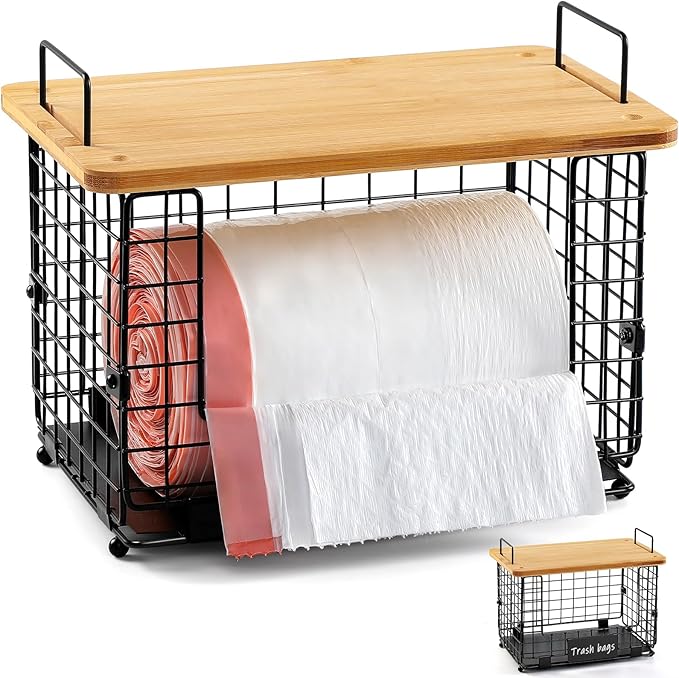 1 Pack Stackable Storage Trash Bag Baskets with Bamboo Top, Large & Standard Trash, Garbage Bag Holder Dispenser, Multiuse Basket for Kitchen Pantry Cabinet Counter Under Sink Laundry Organizing