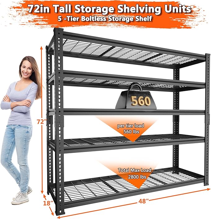 Storage Shelves Heavy Duty, 2 PCS 48" L x 18" W x 72" H Garage Wire Shelving Unit Loads 2800LBS, 5-tier Adjustable Metal Industrial Utility Shelf Rack for Kitchen, Laundry Room, Warehouse, Basement