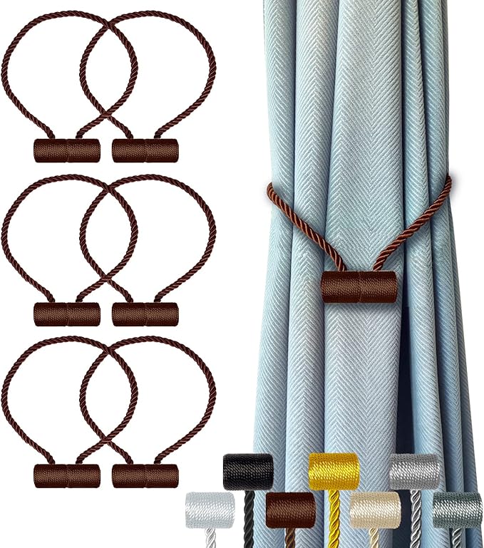 Hion Magnetic Curtain Tiebacks Dark Brown 6 Pack, Curtain Tiebacks Buckles Holdbacks Holders Hooks Clip for Home Bedroom Office Decorative Thick or Thin Curtain