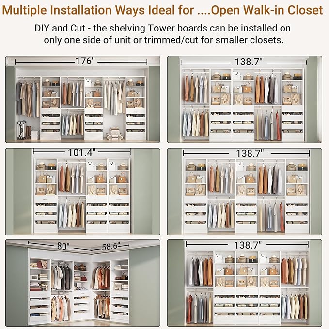 Aheaplus Closet System Set of 3, 138.5" Wood Closet Organizer System Tower with 12 Drawers & 4 Hanging Rods, 6.7+4.85Ft L Shaped Walk-in Closets Wardrobe Organizer Garment Rack with Shelves, White