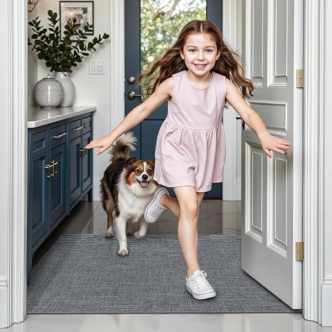 LUMI Ultra Thin Door Mat for Entryway,32"x48" Low Profile Non Slip Rubber Backing Indoor Doormat, Easy Clean Welcome Entrance Mat for Inside House, Patio,Dark Grey