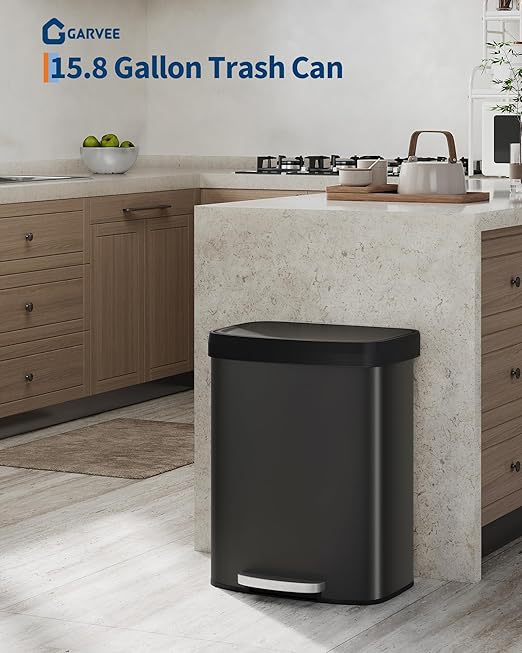 Garvee 16 Gallon / 60 Liter Metal Trash Can with Lid, Large Garbage Can for Kitchen, Rustproof Step-on Kitchen Metal Trash Bin with Liner Rim, Rear Handle, Soft Close Plastic Lid, Black