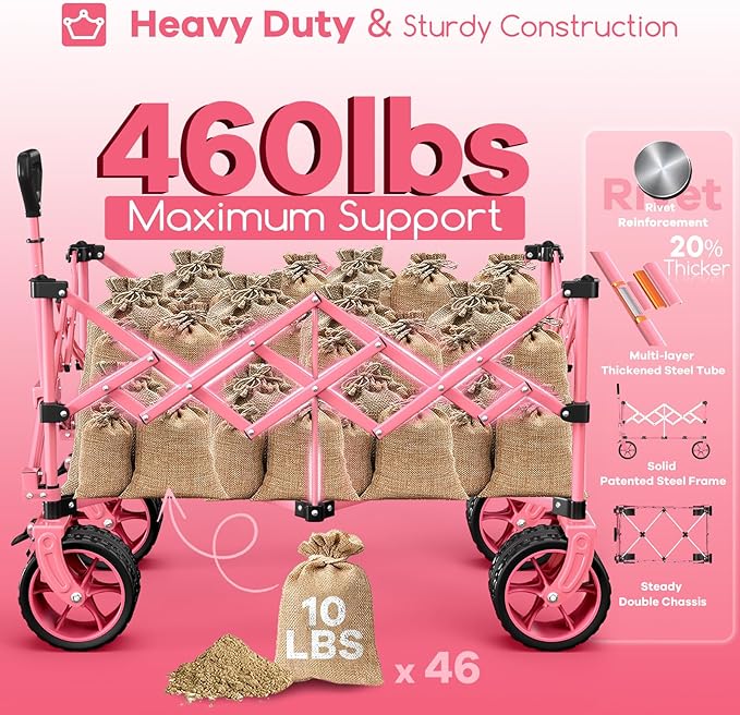 220L Collapsible Wagon Cart Foldable, 460lbs Load Capacity Heavy Duty Folding Beach Wagons with Big All-Terrain Wheels, Utility Carts for Groceries, Camping, Sports - Pink