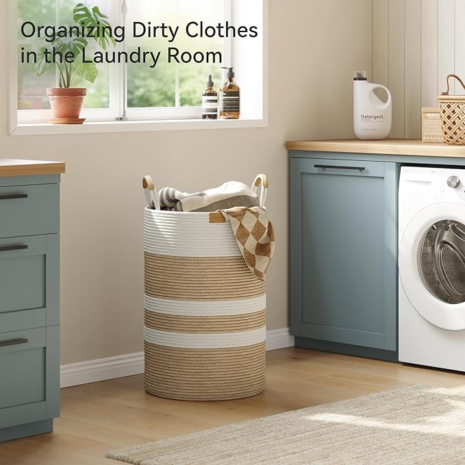 75L Striped Laundry Hamper with Leather Handles,Large Foldable Laundry Basket for Clothes,Cotton Rope Storage Bin for Blankets,Woven Clothes Basket for Bedroom,Beige Stripes