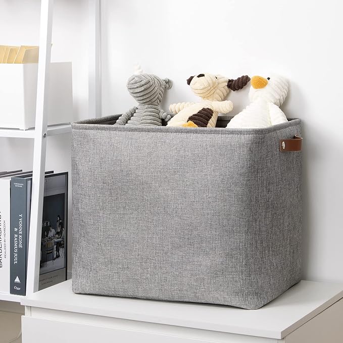 DULLEMELO Large Collapsible Storage Basket/Bin with Sturdy Leather Handles, Fabric Organizer Bin for Storage Clothes, Toys, Books, Office, Bedroom, Closet, Nursery & Laundry (Gray)