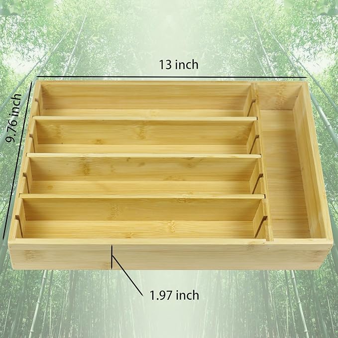 Kitchen Bamboo Drawer Organizer - 5 Slots Total Silverware Organizer for Flatware, Cutlery & Knives. Ideal Utensil Drawer Organizer for Kitchen, Natural
