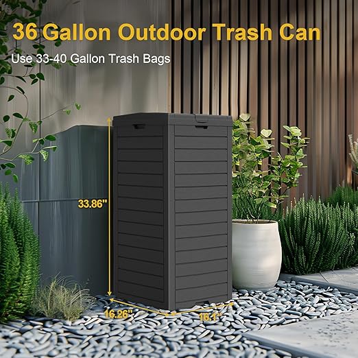 31 Gallon Outdoor Trash Can with Tiered Lid and Drip Tray,Waterproof Resin Waste Bin Indoor,Durable,Stylish,Lightweight Garbage Bin for Patio,Kitchen,Backyard and Office(Black)