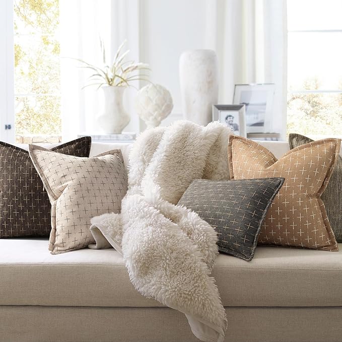 ZWJD Throw Pillow Pillow Covers 18x18 Set of 2 Soft Polyester Textured Pillow Covers with Stylish Flange Edge Cozy Farmhouse Throw Pillows for Couch Bed Sofa Living Room