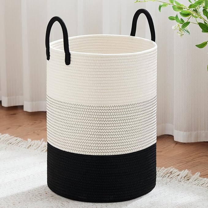 VIPOSCO Large Laundry Hamper, Tall Woven Rope Storage Basket for Blanket, Toys, Dirty Clothes in Living Room, Bathroom, Bedroom - 100L White & Black