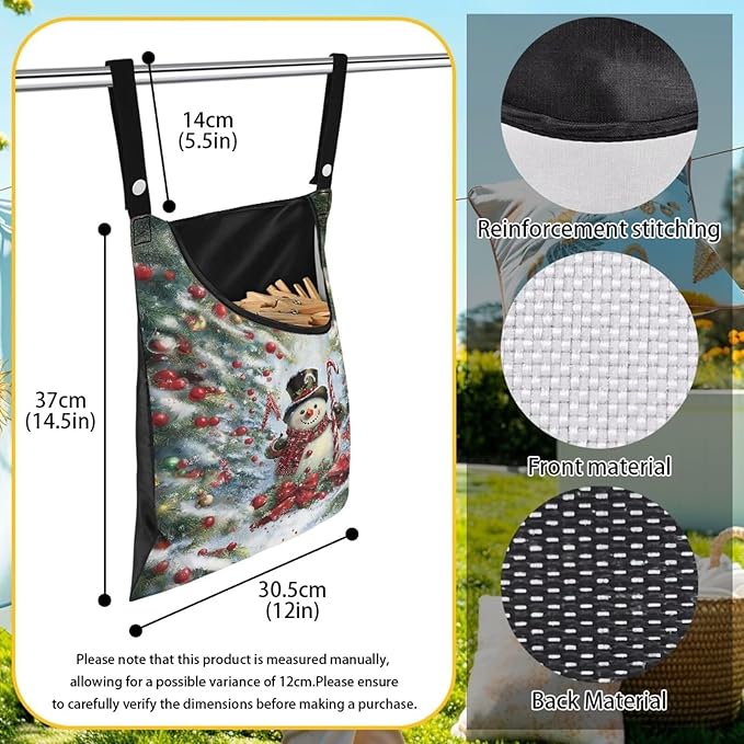 Snowman Clothespin Bag Christmas 2025 Hanging Storage Organizer Clothes Pin Bag Waterproof Laundry Clothespin Bag Clothespin Holder with Hanger Hook for Easy Hang and Large Opening