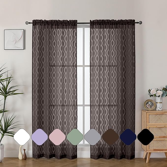 Aiyufeng Brown Sheer Curtains 72 Inches Long 2 Panels, Lightweight Clip Jacquard Textured Sheer Privacy Curtains for Bedroom Living Room, Classic Wavy Line Design Door Curtains, 40" Wx72 L Inches