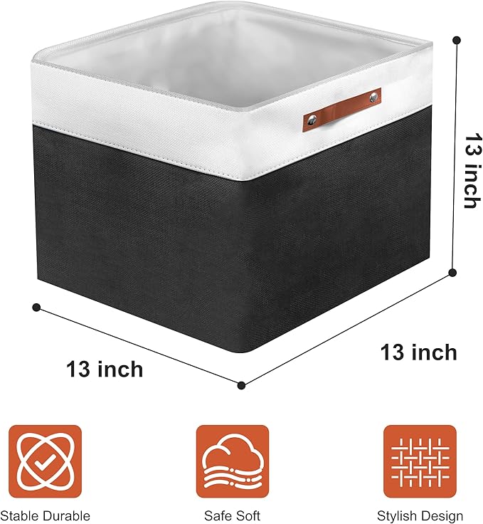 13in Open Fabric Storage Basket with Leather Handles for Organizing, Collapsible Linen Closet Bins for Shelves, Closets, Laundry, Decorative Basket for Gifts. (White＆Black, 2PCS/13x13in)