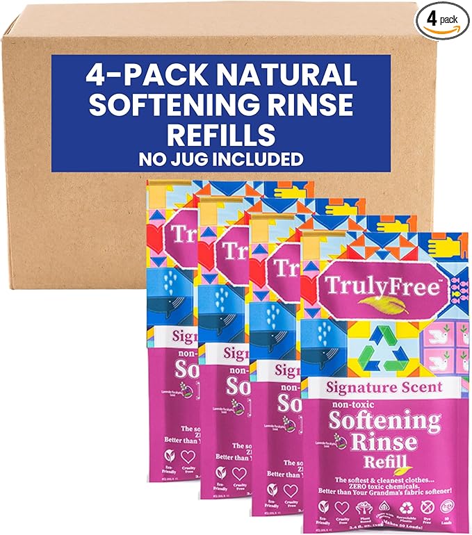 Truly Free Fabric Softening Conditioner for Clothes| Safe for Babies & Kids with Sensitive Skin | Plant-Based | Includes 4 Refills| Signature Scent Rinse(200 Loads)