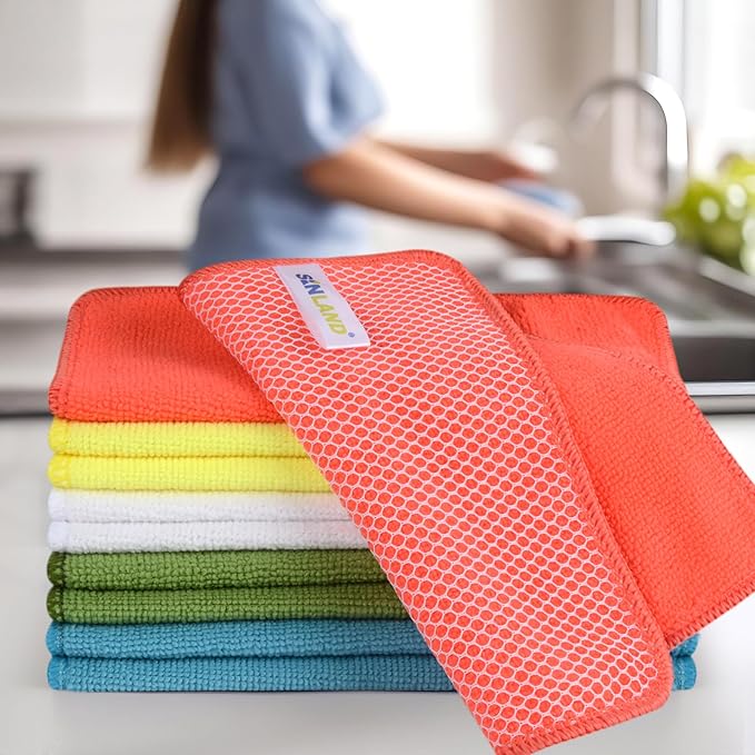 SINLAND Microfiber Dish Cloth for Washing Dishes Dish Rags Best Kitchen Washcloth Cleaning Cloths with Poly Scour Side 5 Color Assorted 7.87inchx7.87inch 10pack