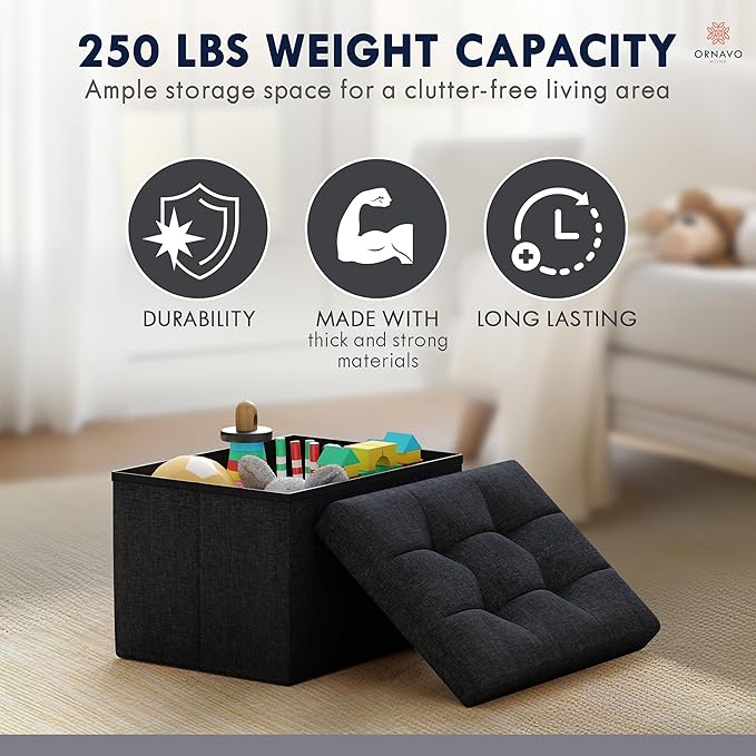 Ornavo Home Small Storage Ottoman Foldable Collapsible Rectangle Linen Ottoman Foot Rest Stool Seat, for Living Room, Bedroom, Home Office, Dorm - 12 x 16 x 12, Black