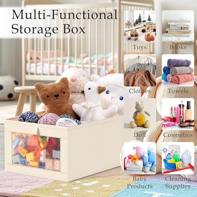 Criusia Linen Closet Organizers and Storage, 8 Pack Large Linen Closet Baskets with Mesh Window for Organization, Foldable Closet Organizer for Clothing, Towels, Toys, Nursery, Books, Shelves, Beige