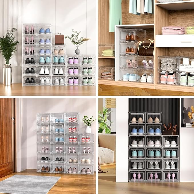 Mitees 10 Pack XX Large Thicken Sturdy Hard Plastic Clear Stackable Shoe Storage Boxes for Size 12, Sneaker Shoe Rack Containers Holders Bins Display Case Organizer for Closet, White
