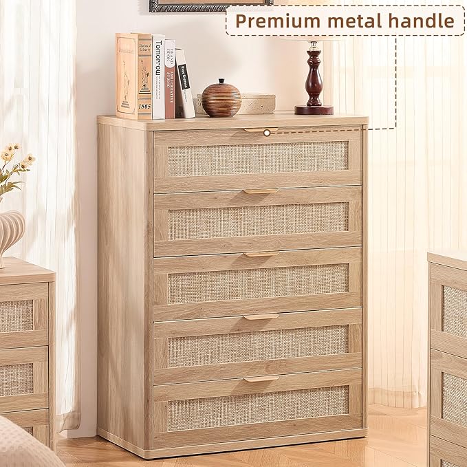 LEYAOYAO Rattan Dresser for Bedroom, 41" Tall Chest of Drawers, Modern 5 Drawers Boho Dressers with Storage, Light Oak Dresser Wooden Closet Organizer for Living Room, Hallway, Natural Wood