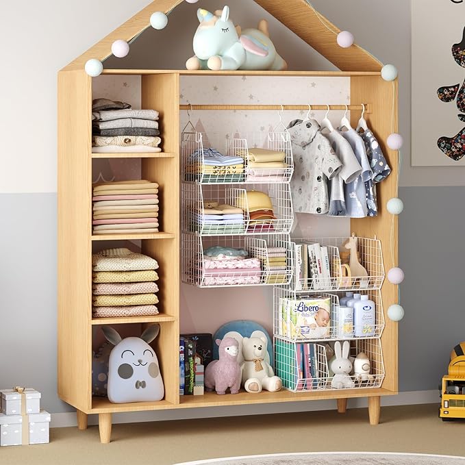 3 Tier Extra Large Closet Hanging Shelves with Divider, 16.5"L x 11.8"W x 33.6"H Closets Organizers and Storage with 5 S Hooks, Clothes Organizer for Sweaters Shoes Handbags Clutches Accessories-White