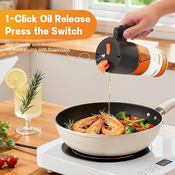 Upgrade 2 in 1 Oil Sprayer for Cooking, 17oz Light-Blocking Glass Olive Oil Dispenser Bottle for Kitchen,Food-Grade Oil Mister with 8 Stickers for Salad, Frying (Brown Bottle-Black Cap)