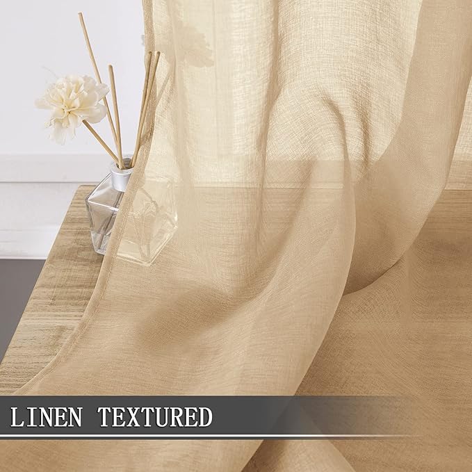 Tollpiz Sheer Tier Curtains Kitchen Linen Textured Half Curtain Sheers Light Filtering Rod Pocket Voile Bathroom Short Curtains for Farmhouse, 25 x 30 inches Long, Beige, Set of 2 Panels
