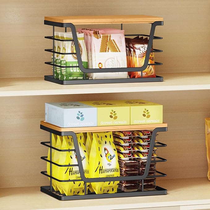 ALOCEO 2 Pack Storage Stackable Kitchen Laundry Organizers with Bamboo Top, Large Trash Bag Holder and Small Garbage Bag Dispenser for Countertop Organization