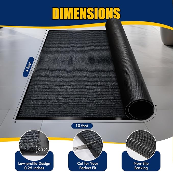 Extra Large Indoor/Outdoor Entrance Mat - 4 x 10 Feet, Rubber Border Door Mat Heavy Duty, Waterproof, Low-Profile, Easy to Clean, Rubber Entry Mat,Commercial Floor Mat, Charcoal Grey