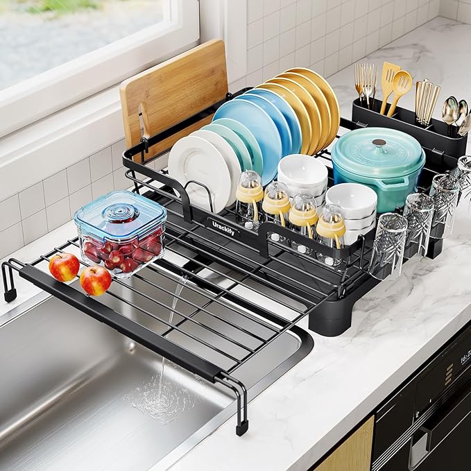 Extendable Dish Drying Rack, 2 in 1 Multifunction Dish Rack for Kitchen Counter, Expandable Dish Drainer Over Sink, Large Plate Strainer with Drainboard & Cups Holder