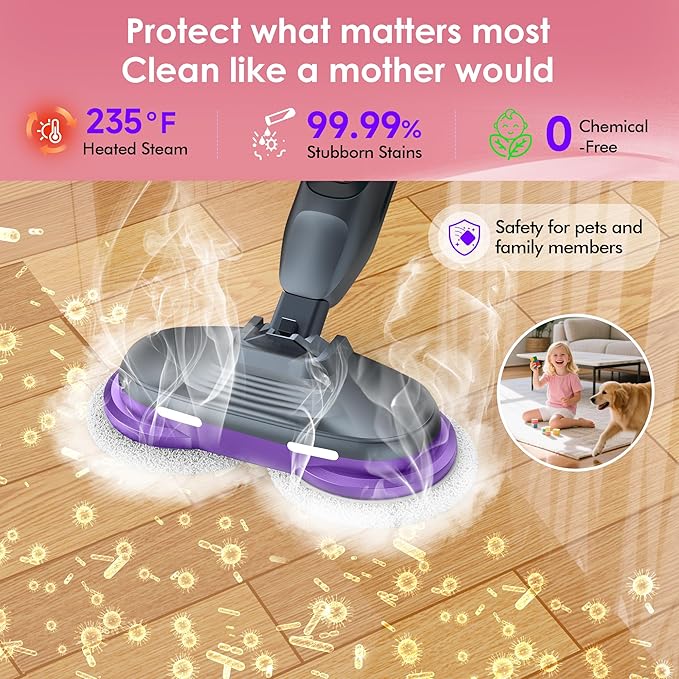 Scrub & Steam Mop with Rotating Mop Pads, LED Headlights, 6 Scrub Pads, Large Tank, Swivel Steering, Effortless Scrubbing Hard Floor Cleaner Upgraded