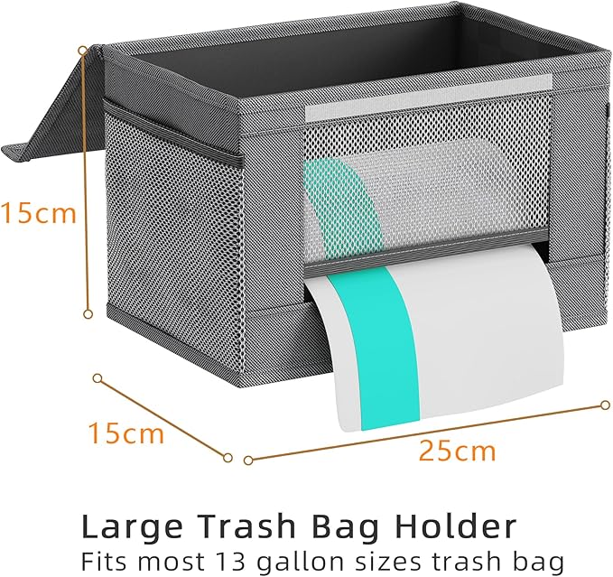 2 Pack Trash Bag Holder Dispenser, Oxford Cloth Garbage Bag Storage Organizer with Mesh Pockets, Foldable Kitchen Organizer Fits 13 Gallon Roll for Kitchen and Pantry（Small）