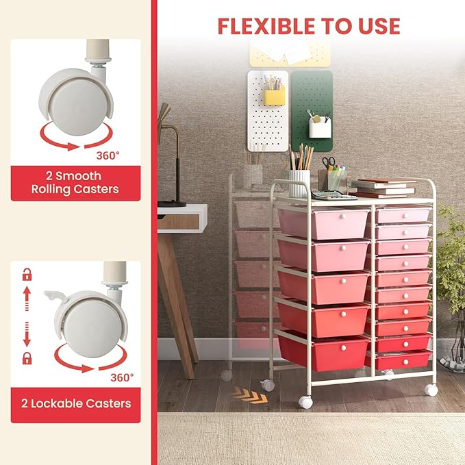 GOFLAME 15-Drawer Rolling Storage Cart, Multipurpose Movable Organizer Cart, Utility Cart for Home, Office, School, Pink
