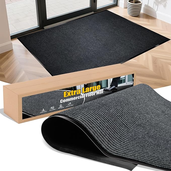Extra Large Indoor/Outdoor Entrance Mat - 4 x 10 Feet, Rubber Border Door Mat Heavy Duty, Waterproof, Low-Profile, Easy to Clean, Rubber Entry Mat,Commercial Floor Mat, Charcoal Grey