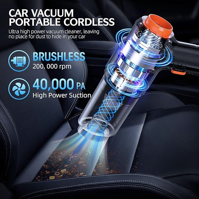 Car Vacuum Portable Cordless, 40000Pa High Power Dust Buster, 6-in-1 Handheld Vacuum Cleaners for Home, Car, Pet Hair, Keyboard, Black