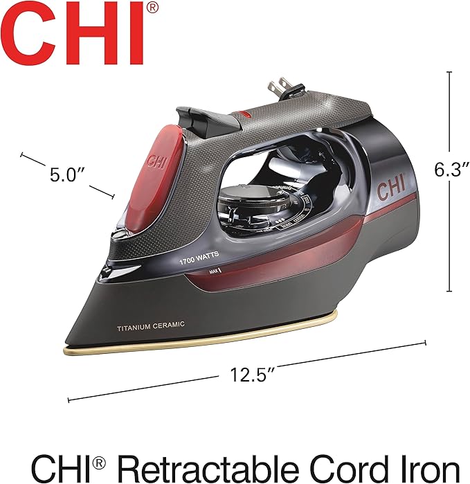CHI Steam Iron for Clothes with 8’ Retractable Cord, 1700 Watts, 3-Way Auto Shutoff, 400+ Holes, Professional Grade, Temperature Control Dial, Titanium Infused Ceramic Soleplate, Black/Chrome (13109)