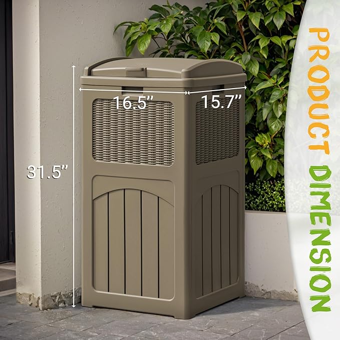 YESHOMY 33 Gallon Resin Outdoor Trash Can with Lid, Hideaway Waterproof Patio Garbage Bin, Coffee