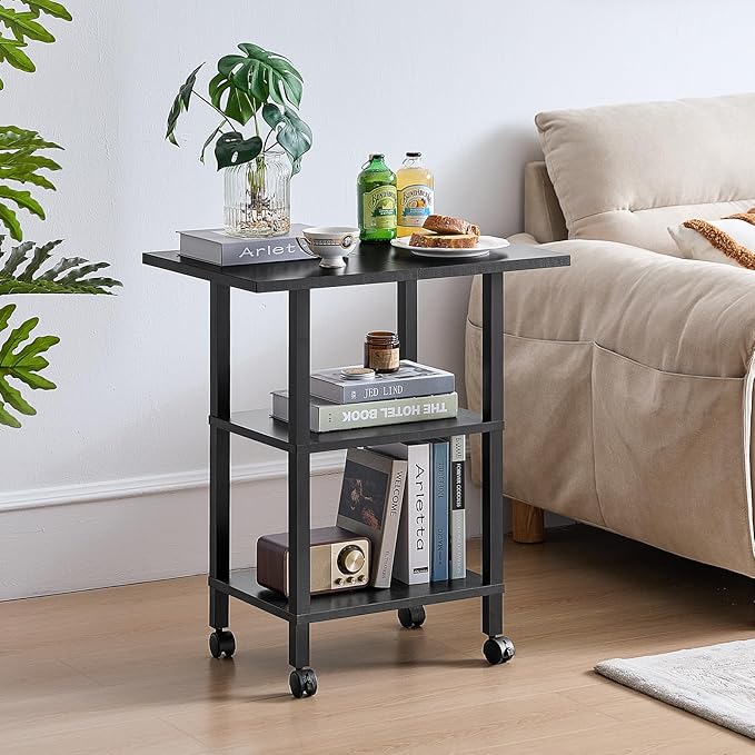 Lerliuo 3 Tier Printer Stand with Storage, Printer Table for Home Office, Wooden Rolling Printer Cart Shelf with Lockable Wheels fit Fax Machine, Scanner(Black)