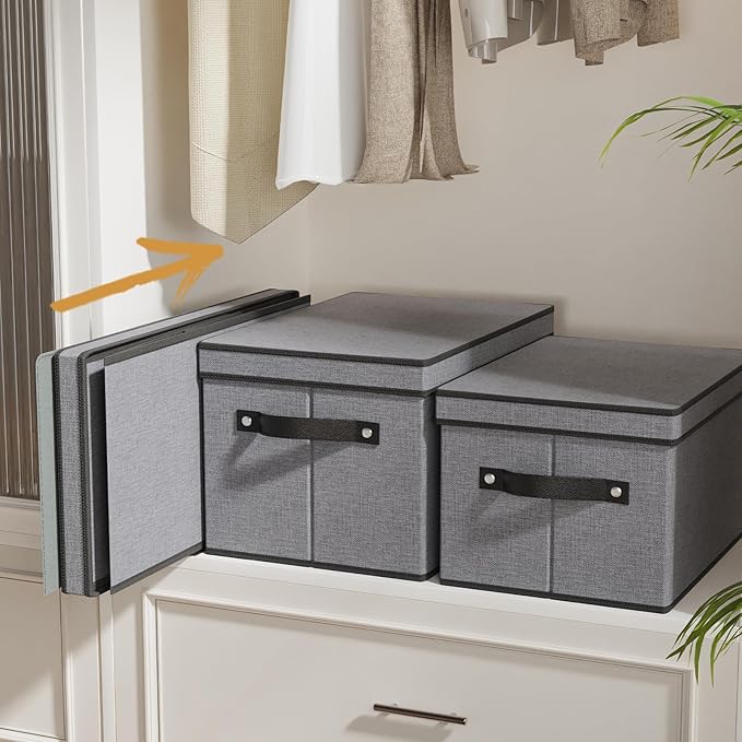 Fabric Storage Boxes, 7.1 x 9.1 x 13 Inch Baskets for Shelves with Lids, Wardrobe Organiser with Handles, Decorative Linen Closet Organizer Bins, Gray, 5 Pack