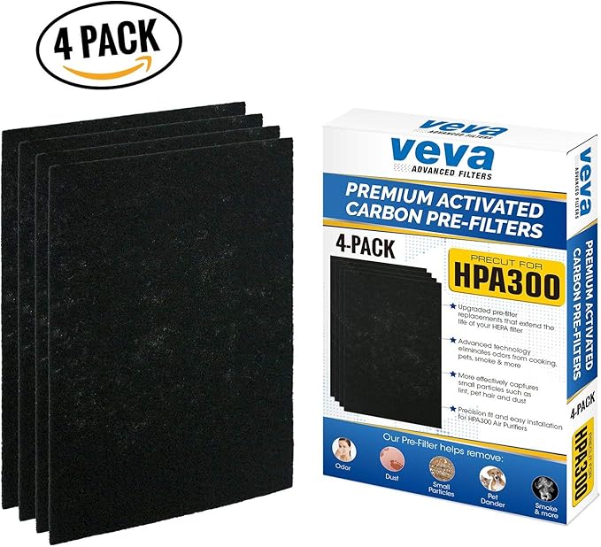 VEVA Precut for HPA300 Premium Carbon Activated Pre Filters 4 Pack Compatible with HW Air Purifier. Precision Fit for Easy Installation Advanced Filters