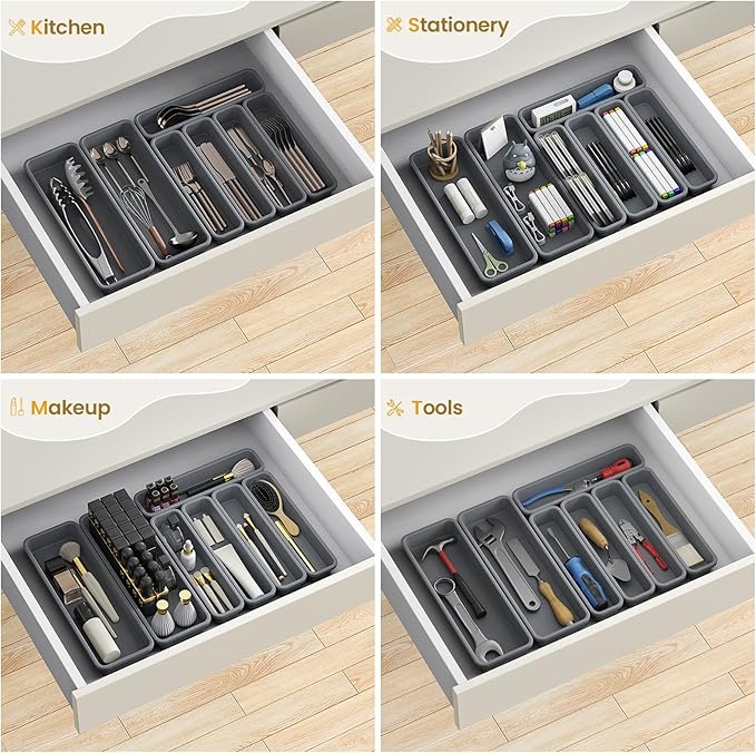 7 Pack Silicone Silverware Drawer Organizer, DIY Free Combination Kitchen Drawer Organizer, Utensil Organizer, Moisture-proof and Heat-resistant up to 200°C, Anti-slip and Environmentally (Grey)