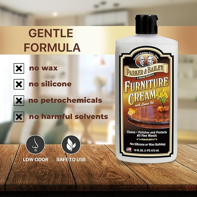PARKER & BAILEY FURNITURE CREAM - Multisurface Wood Cleaner And Polish Furniture Quick Shine Restorer Protector Kitchen Cabinets Surface Cleaner House Cleaning Supplies Home Improvement, 16oz