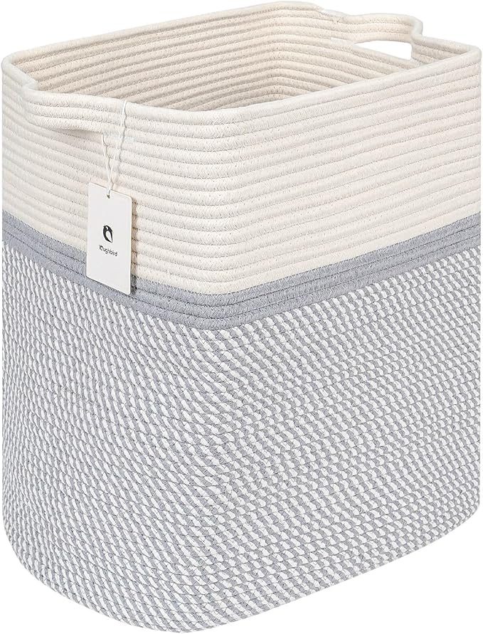 Storage Baskets for Clothes Fabric Cotton Rope Storage Basket with Handles, Decorative Woven Basket for Living Room,Closet Organizer Blankets, and 2bags (White/Gray, L14×W11×H14)