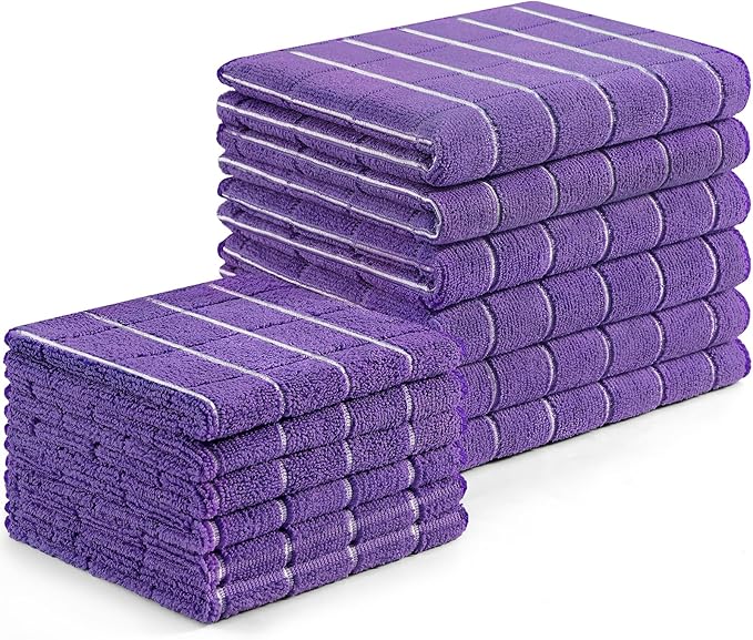 Homaxy Microfiber Kitchen Towels and Dishcloths Set, 12 Pack Soft and Absorbent Dish Hand Towels Bulk, 28 x 16 Inch & 12 x 12 Inch Quick Drying Rags for Washing Dishes, Purple