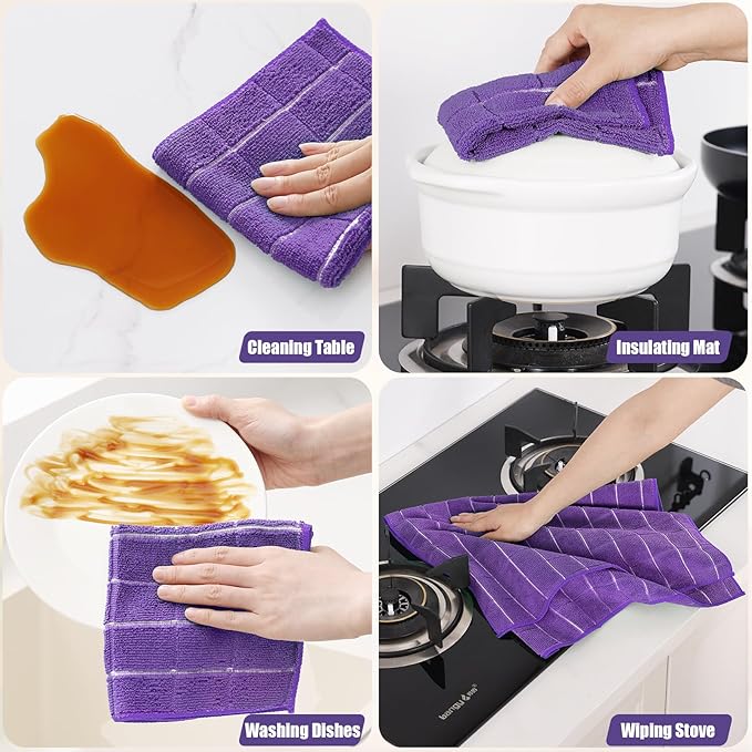Homaxy Microfiber Kitchen Towels and Dishcloths Set, 16 Pack Soft and Absorbent Dish Hand Towels Bulk, 28 x 16 Inch & 12 x 12 Inch Quick Drying Rags for Washing Dishes, Purple