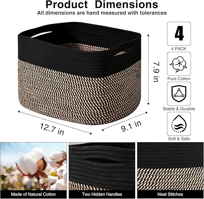 Small Storage Baskets for Organizing Shelves, Cotton Rope Basket for Storage, Cute Rectangular Book Toy Basket, 12.7"×9.1"×7.9", 4 Packs, Black & Jute